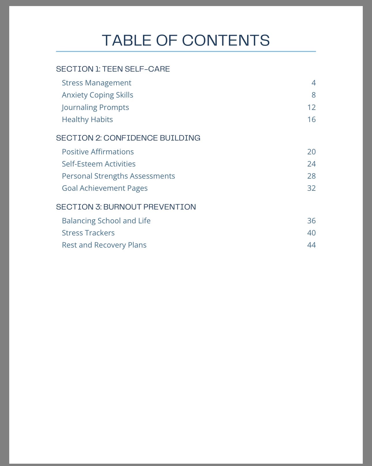 Teen Mental Health and Self Care Workbook