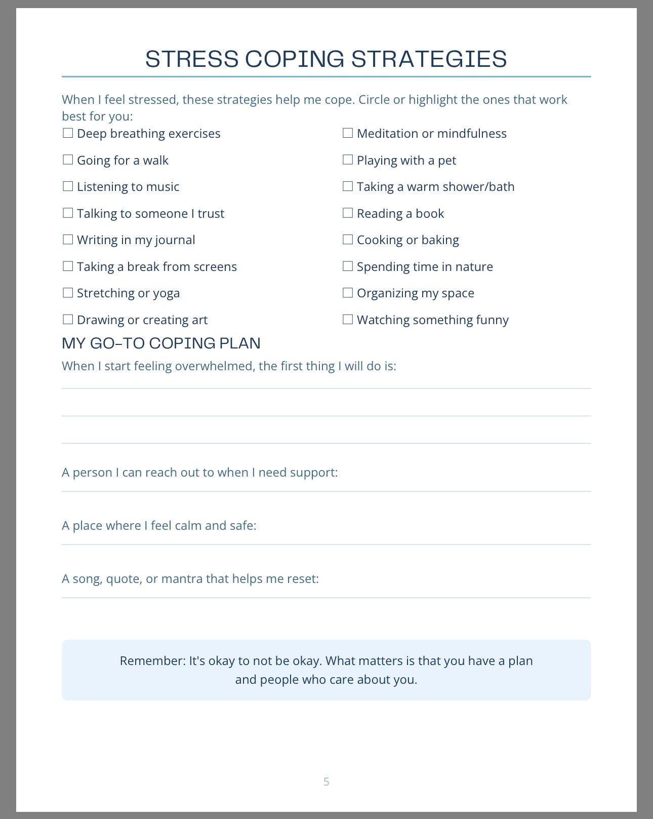 Teen Mental Health and Self Care Workbook